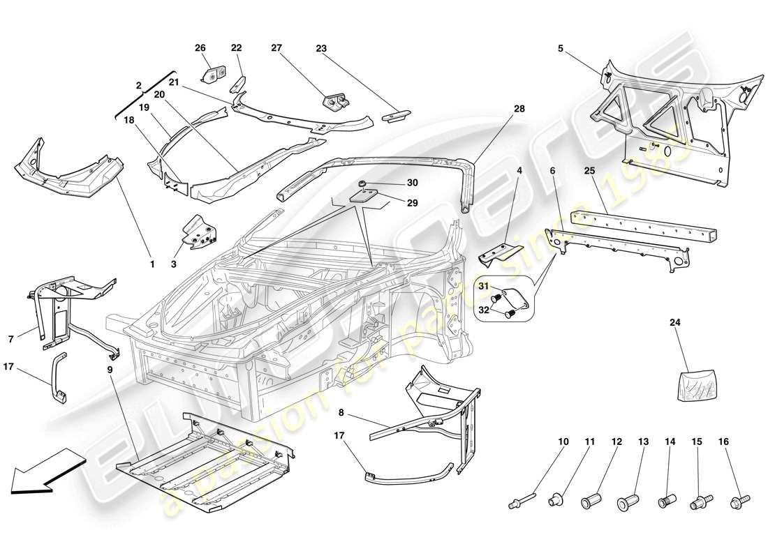 ferrari f430 spider (europe) chassis - complete front structure and panels part diagram