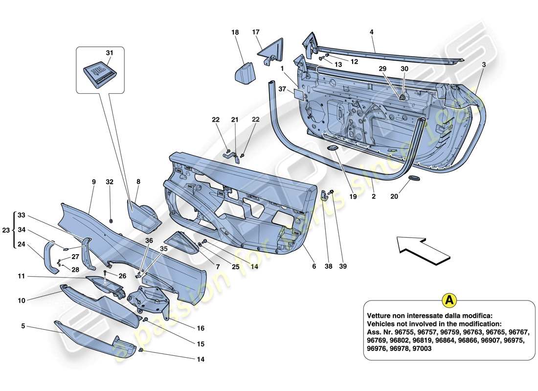 ferrari 458 italia (rhd) doors - substructure and trim parts diagram