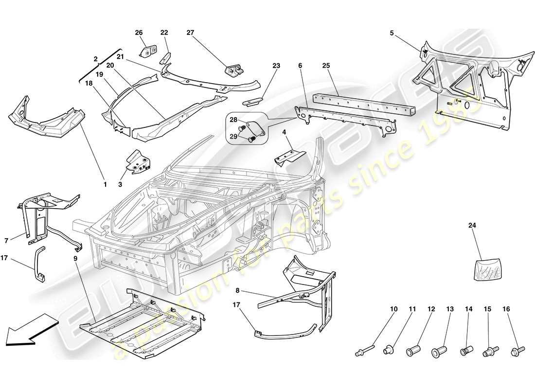 ferrari f430 coupe (europe) chassis - complete front structure and panels parts diagram