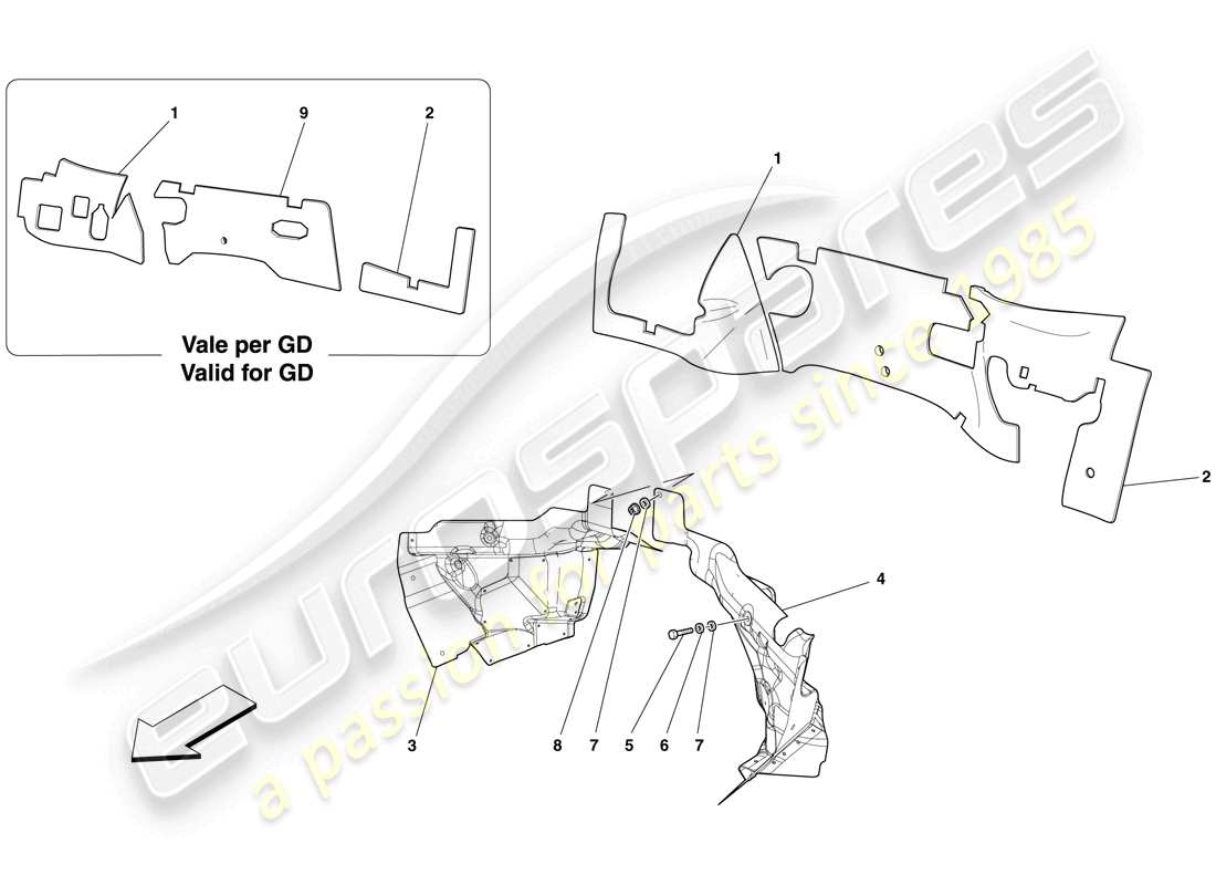 ferrari 599 gto (europe) engine compartment firewall insulation part diagram