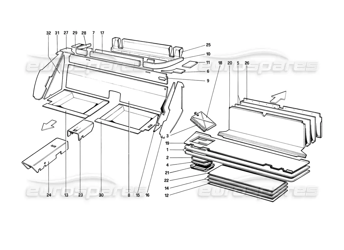ferrari mondial 8 (1981) passenger and luggage compartments insulation parts diagram