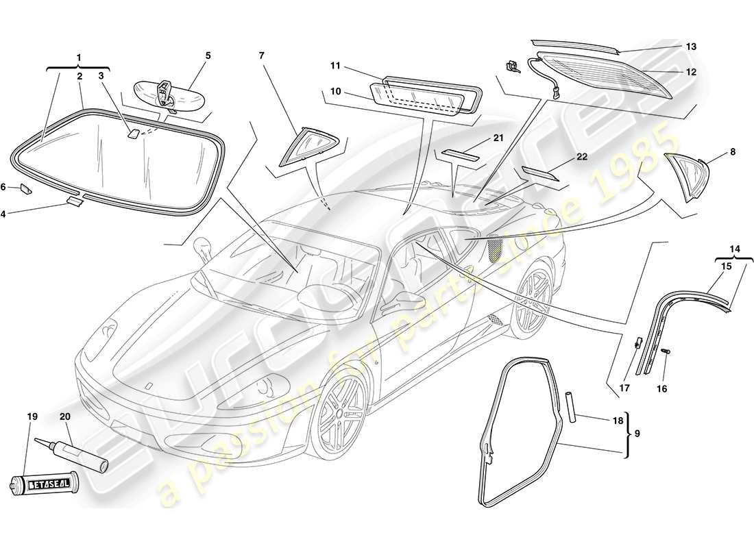 ferrari f430 coupe (rhd) screens, windows and seals part diagram