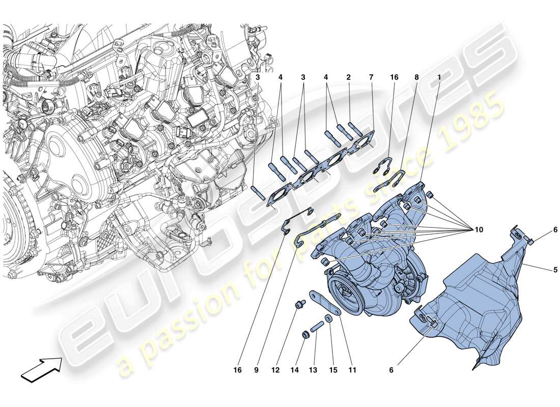 ferrari gtc4 lusso t (rhd) manifolds, turbocharging system and pipes parts diagram