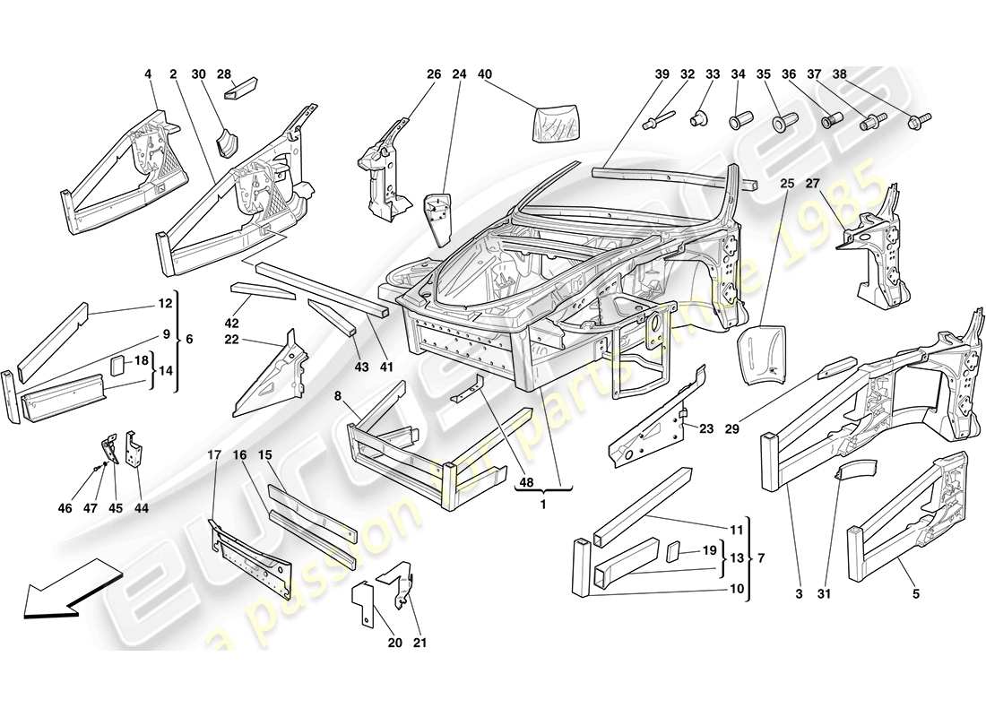 ferrari f430 coupe (usa) chassis - structure, front elements and panels parts diagram