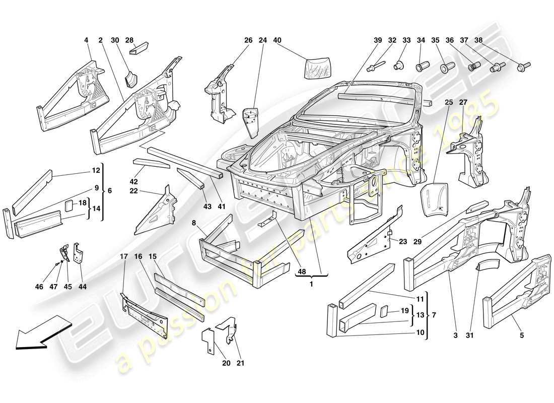 ferrari f430 spider (europe) chassis - structure, front elements and panels part diagram