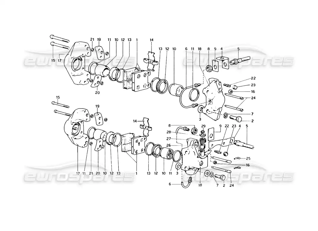 ferrari 246 dino (1975) calipers for front and rear brakes and handbrake parts diagram