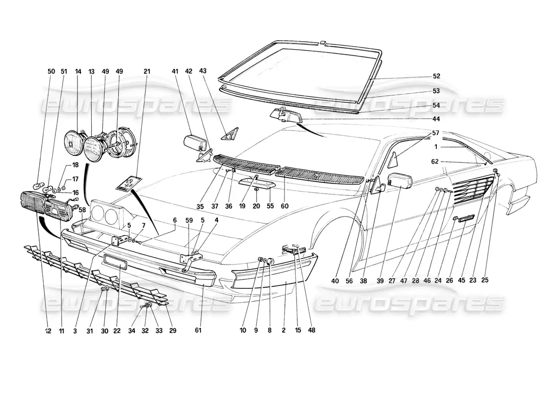 ferrari mondial 8 (1981) bumpers, headlamps and front glasses parts diagram
