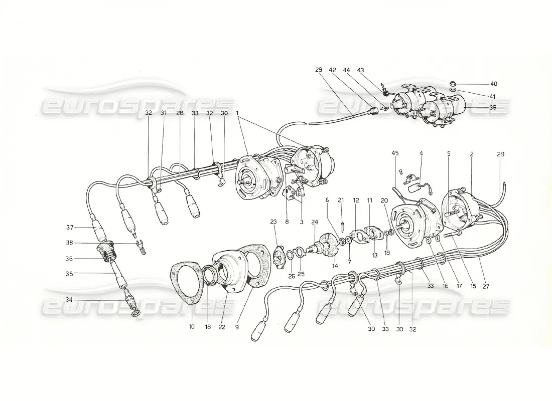 ferrari 308 gt4 dino (1976) engine ignition (2 distributors) parts diagram