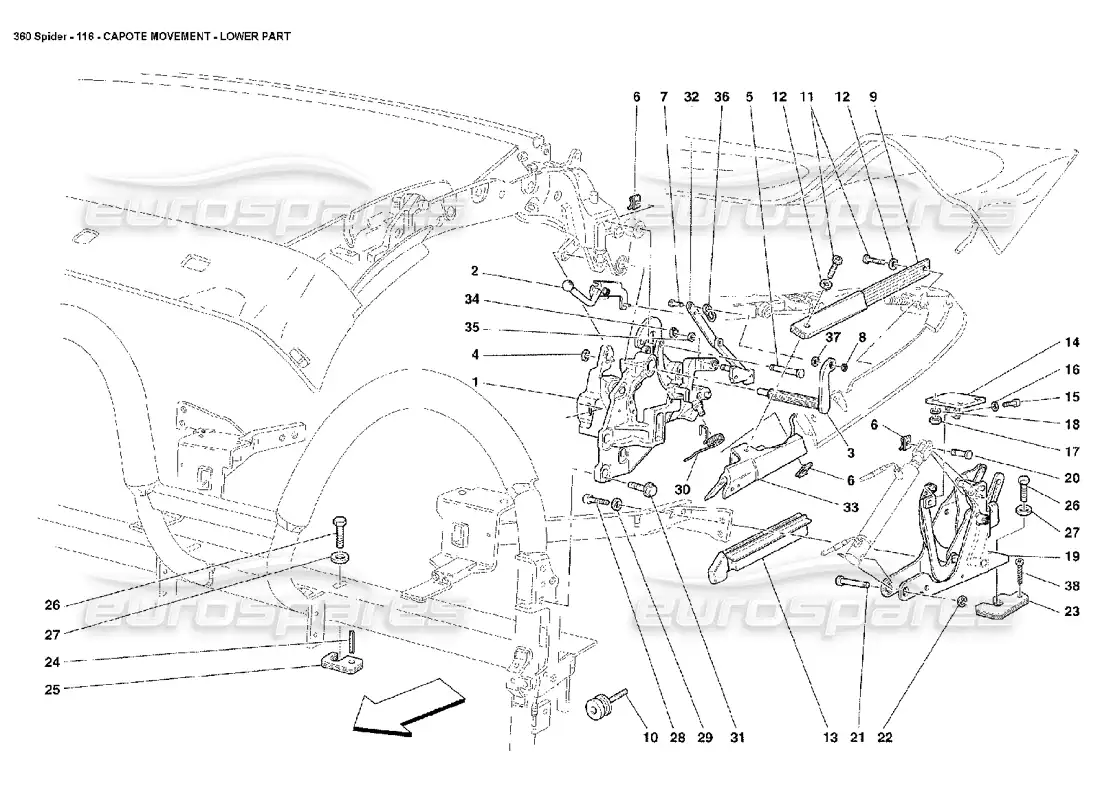 ferrari 360 spider capote movement - lower part parts diagram