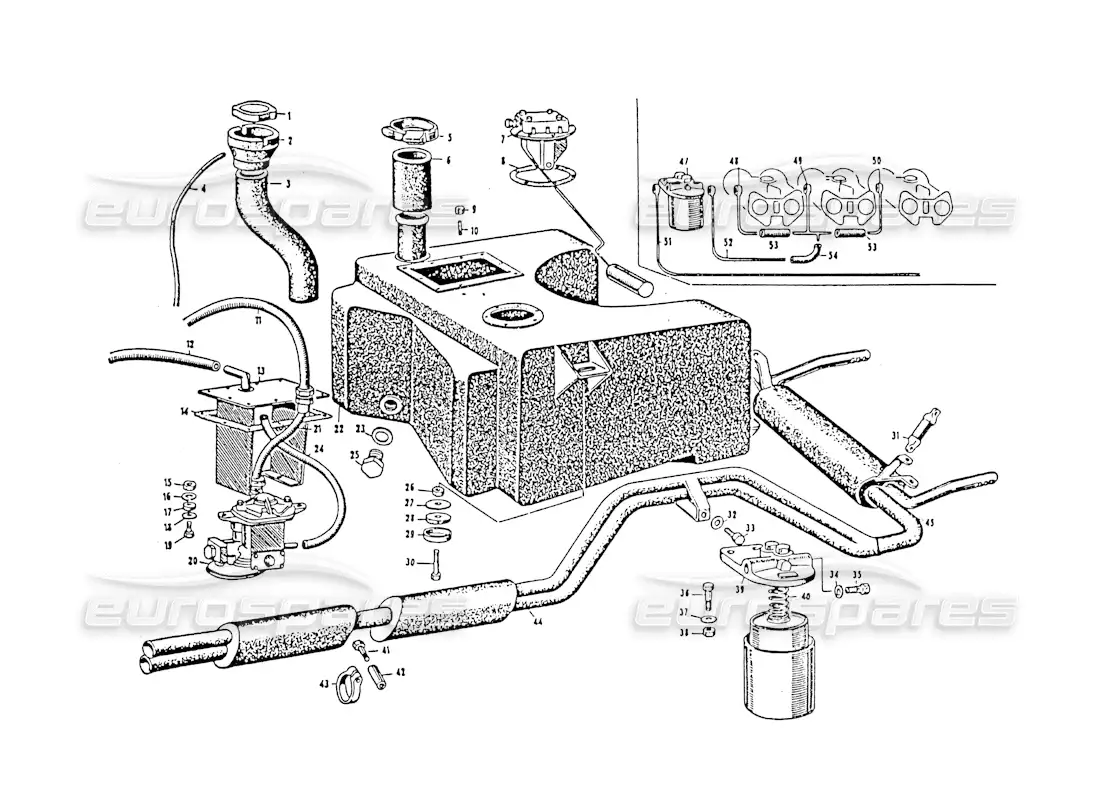 maserati 3500 gt exhaust manifold and fuel tent parts diagram