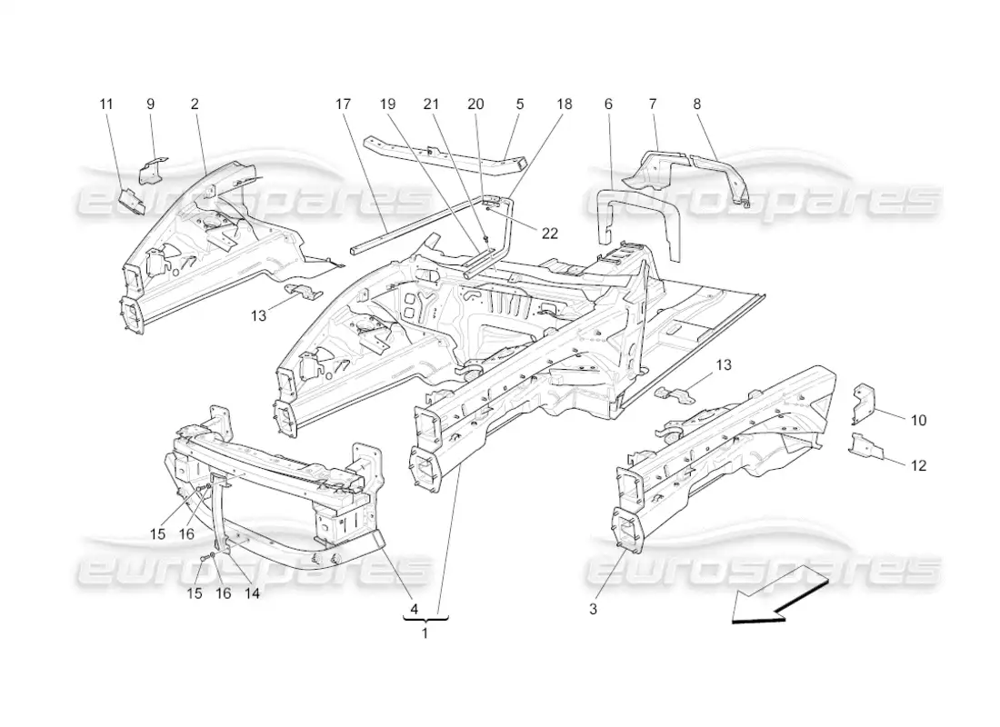 maserati grancabrio (2010) 4.7 front structural frames and sheet panels parts diagram