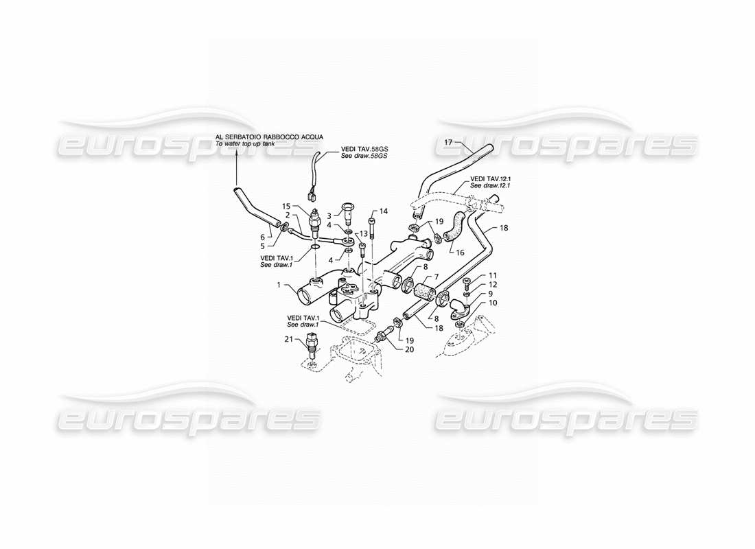 maserati qtp v8 (1998) engine cooling pipes and thermostat (lhd) parts diagram