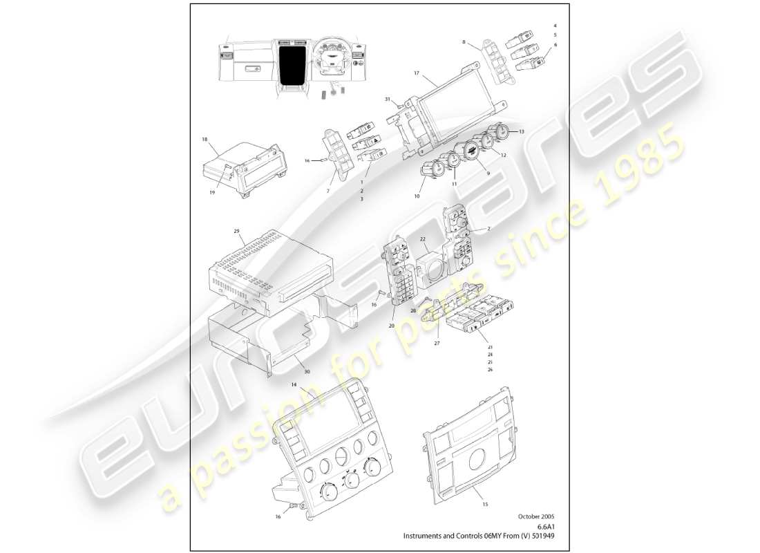aston martin vanquish (2001) instruments & controls parts diagram