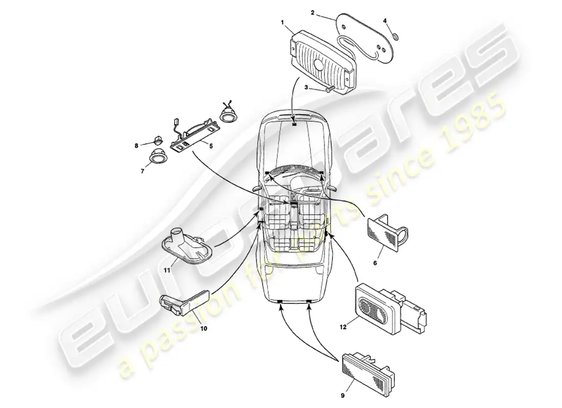 aston martin v8 volante (2000) interior lamps parts diagram