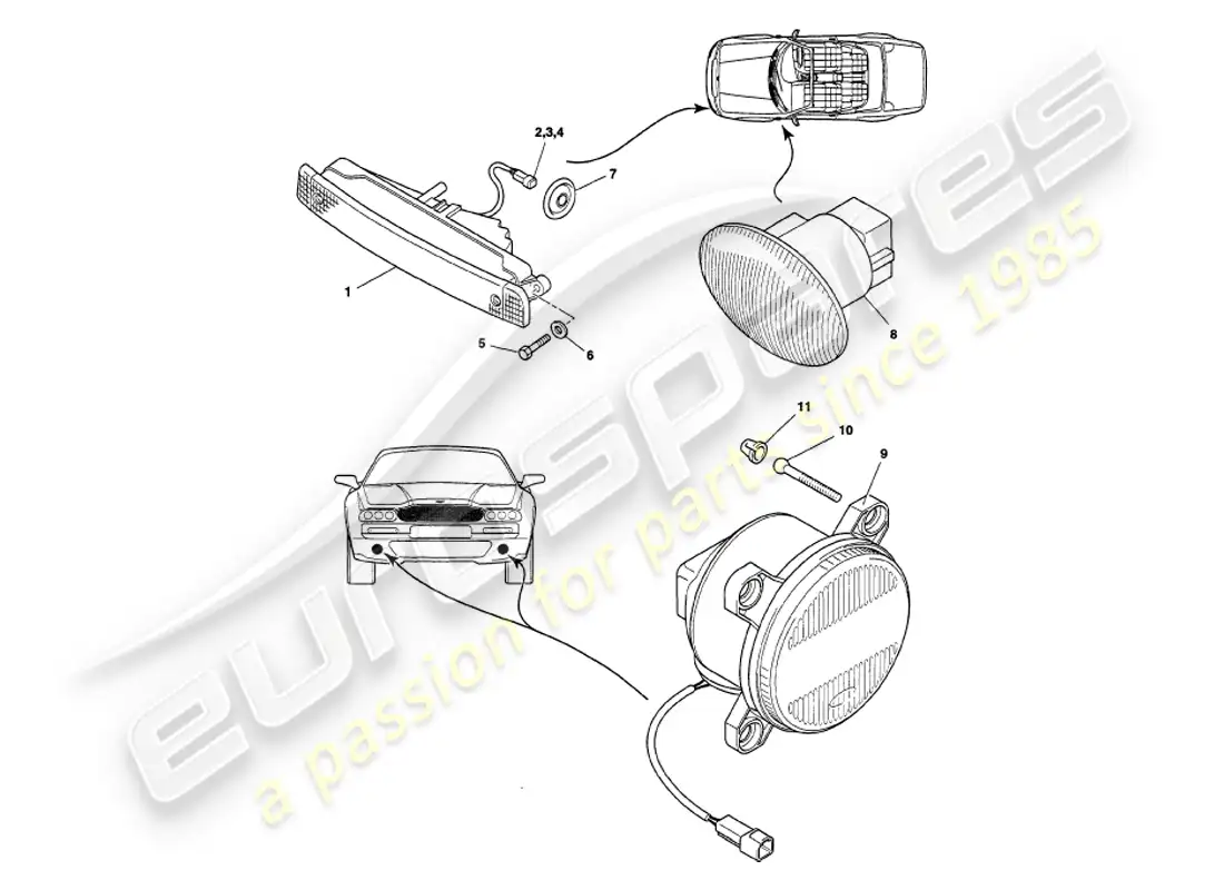 aston martin v8 volante (2000) exterior lamps parts diagram