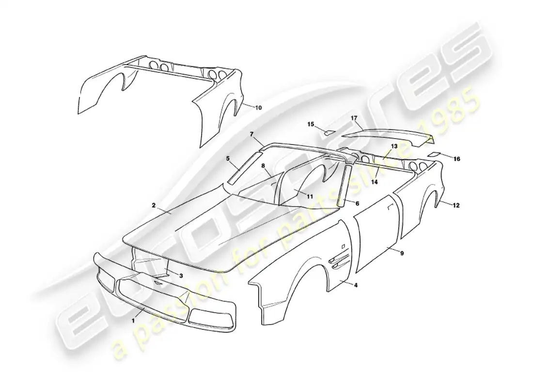 aston martin v8 volante (1997) body panels parts diagram