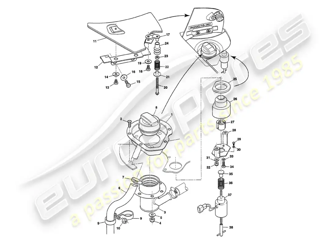 aston martin v8 volante (1997) fuel filler flaps parts diagram