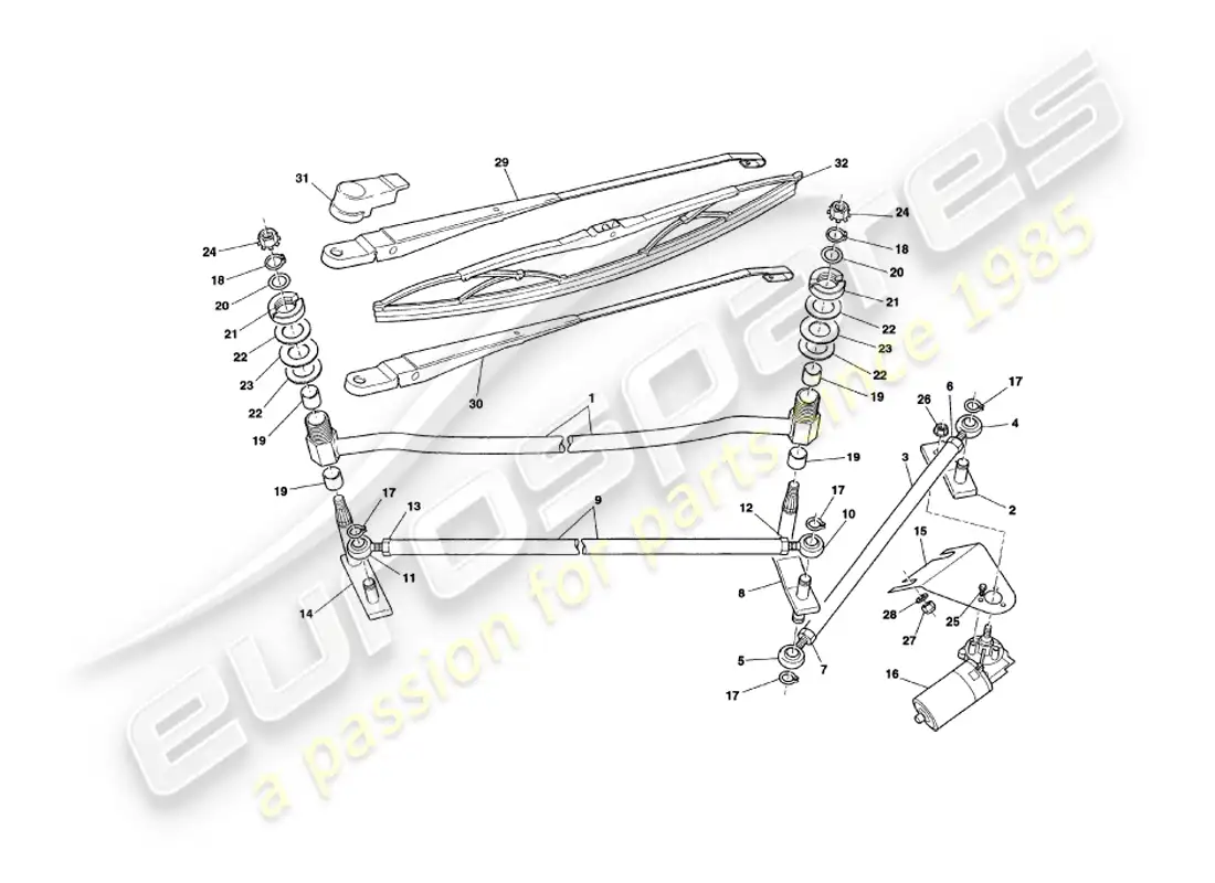 aston martin v8 coupe (2000) windscreen wipers parts diagram