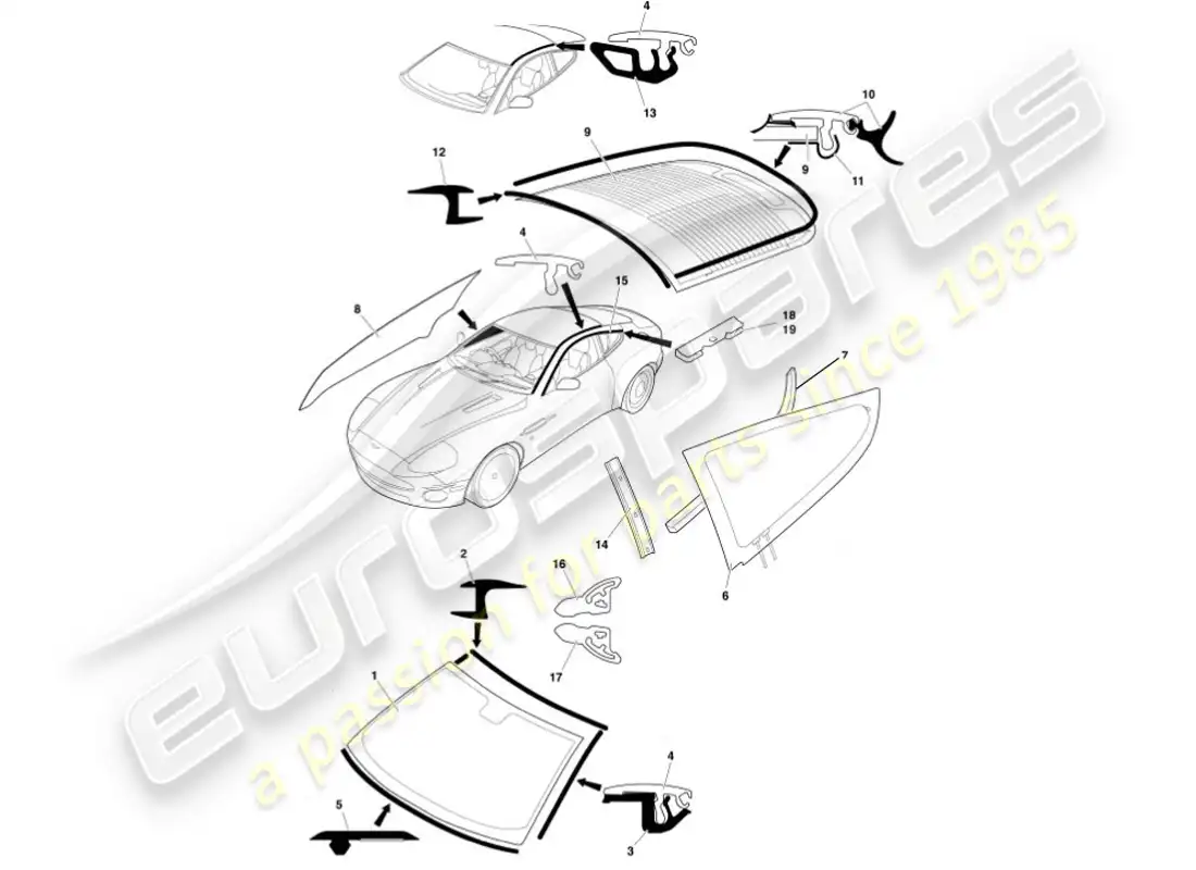 aston martin vanquish (2002) glass & finishers parts diagram