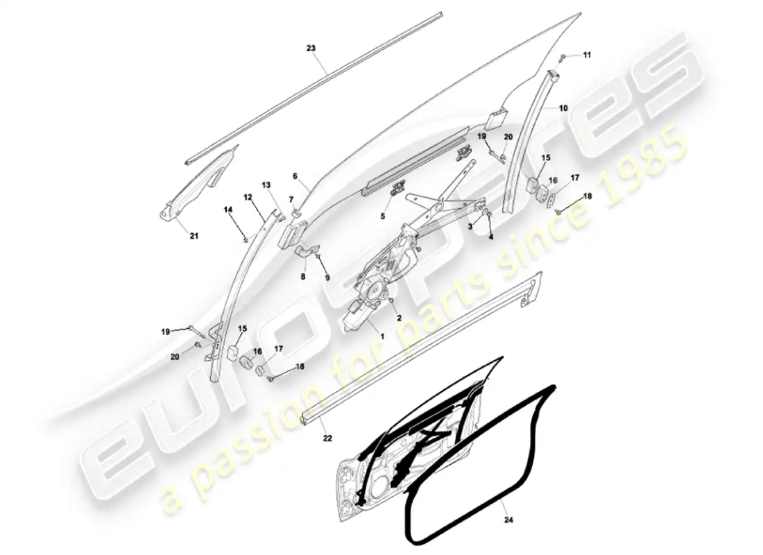 aston martin vanquish (2002) door glass & frames parts diagram