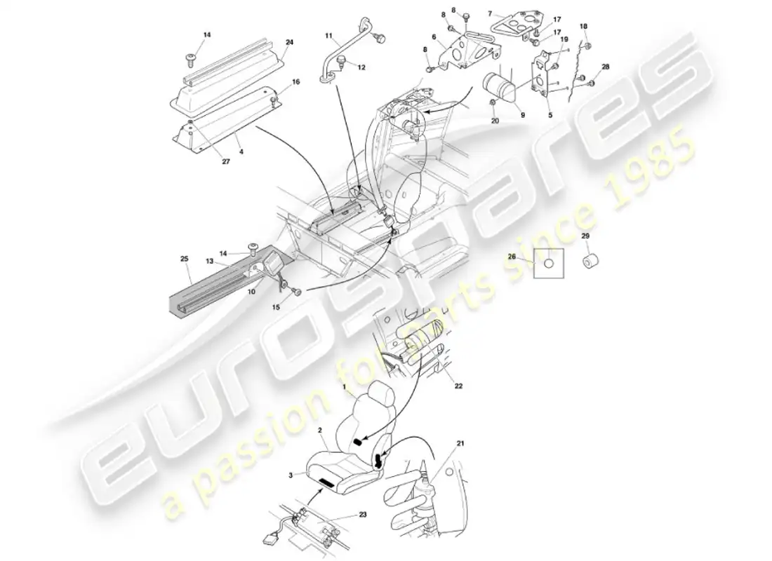 aston martin vanquish (2001) front seats & belts parts diagram