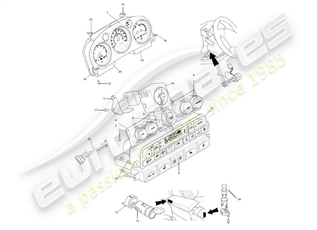 aston martin vanquish (2001) instruments & controls parts diagram