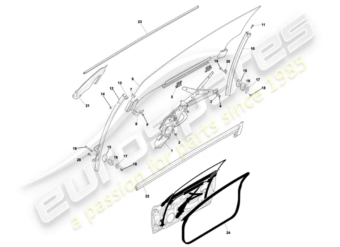 aston martin vanquish (2001) door glass & frames parts diagram