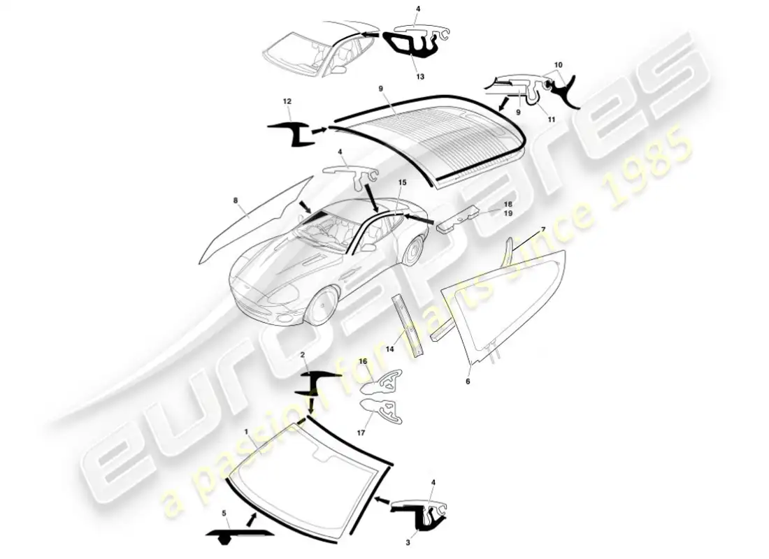 aston martin vanquish (2001) glass & finishers parts diagram