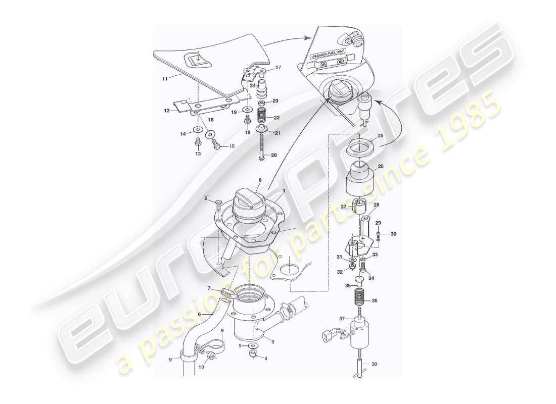 aston martin v8 virage (1999) fuel filler flaps, volante part diagram