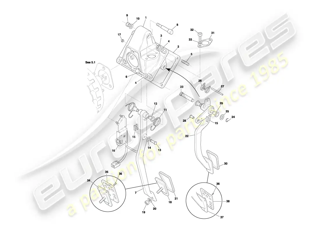 aston martin db7 vantage (1999) pedal gear, manual brake & clutch part diagram