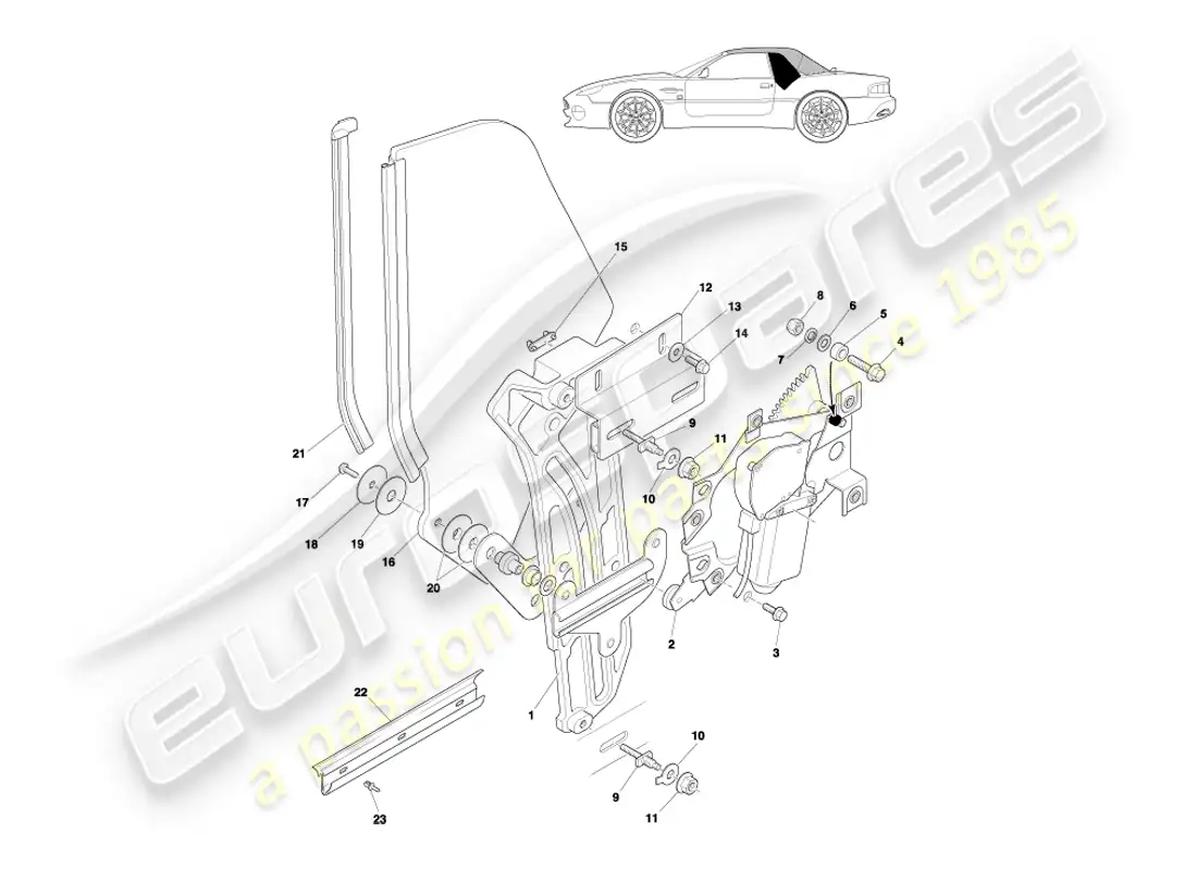 aston martin db7 vantage (1999) volante rear quarter glass & mechanism part diagram