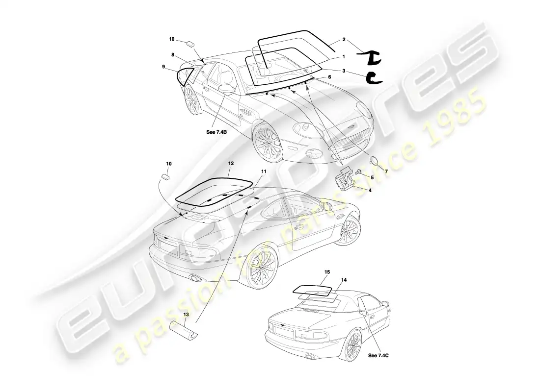 aston martin db7 vantage (1999) glass part diagram