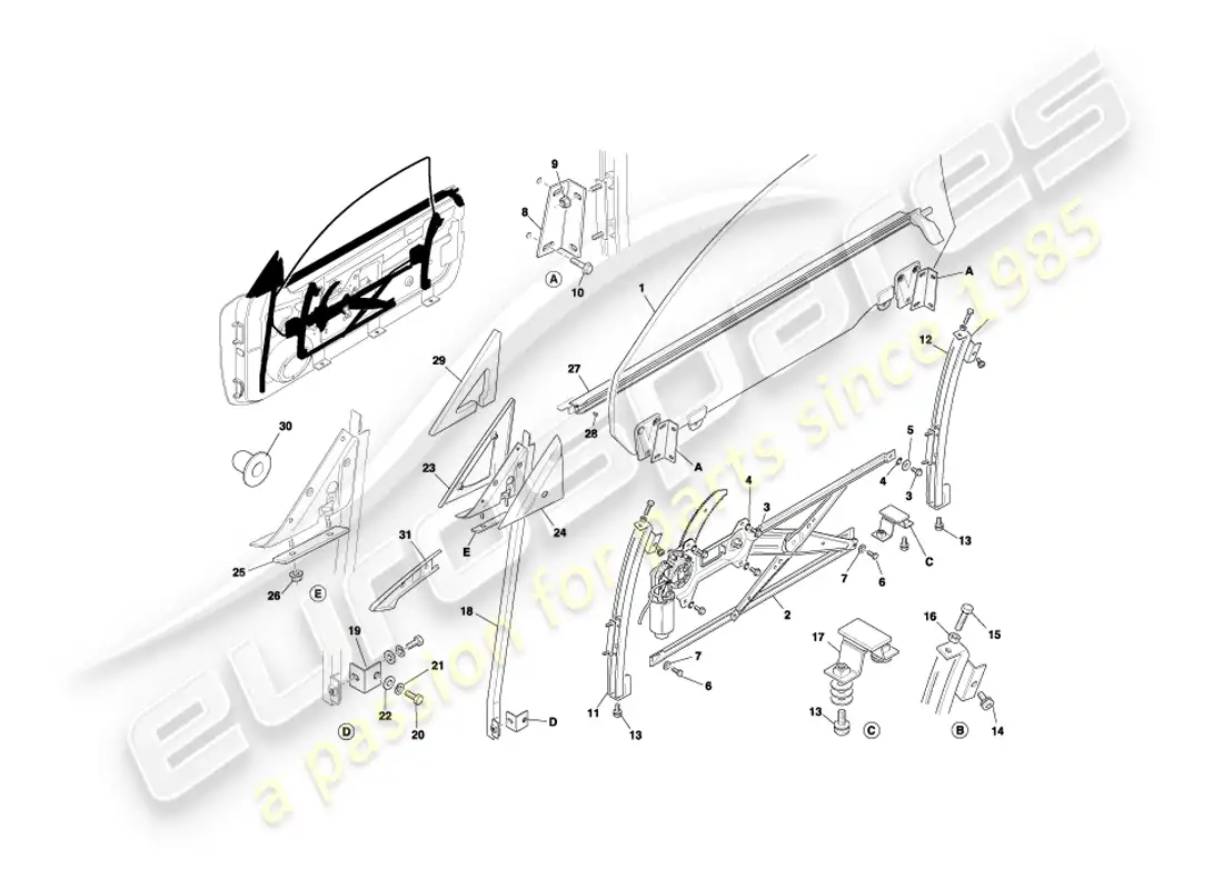 aston martin db7 vantage (1999) door glass & frames part diagram
