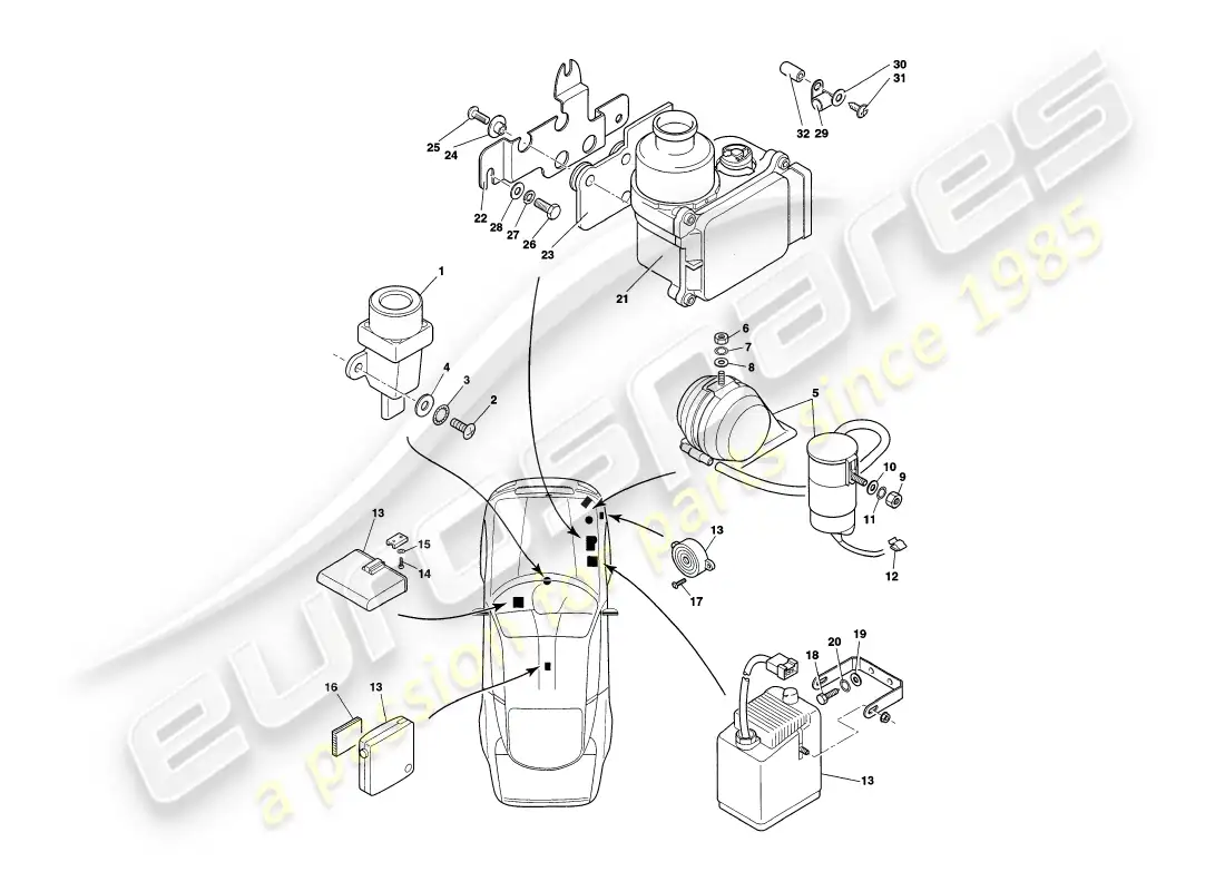 aston martin v8 coupe (2000) underbonnet components, to vin v79079 parts diagram
