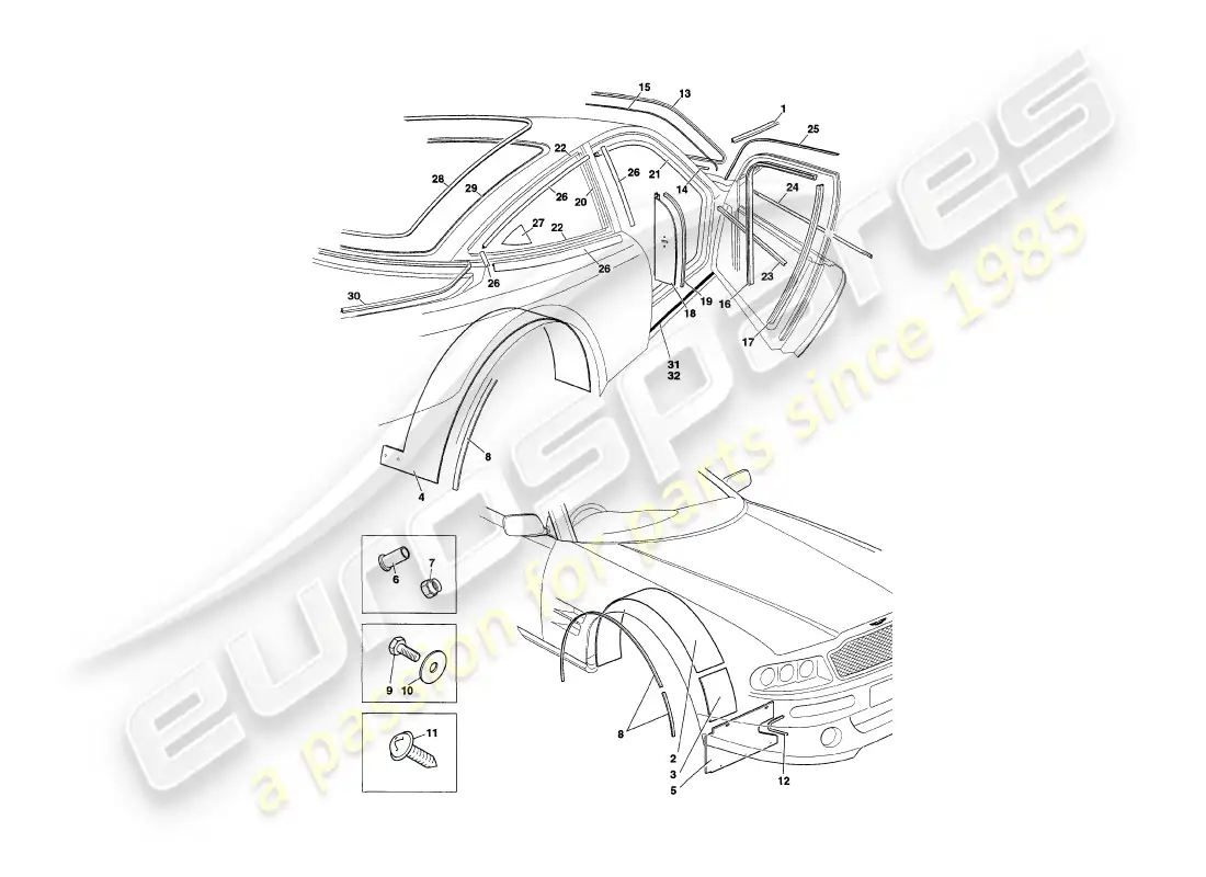 aston martin v8 coupe (2000) weather seals parts diagram