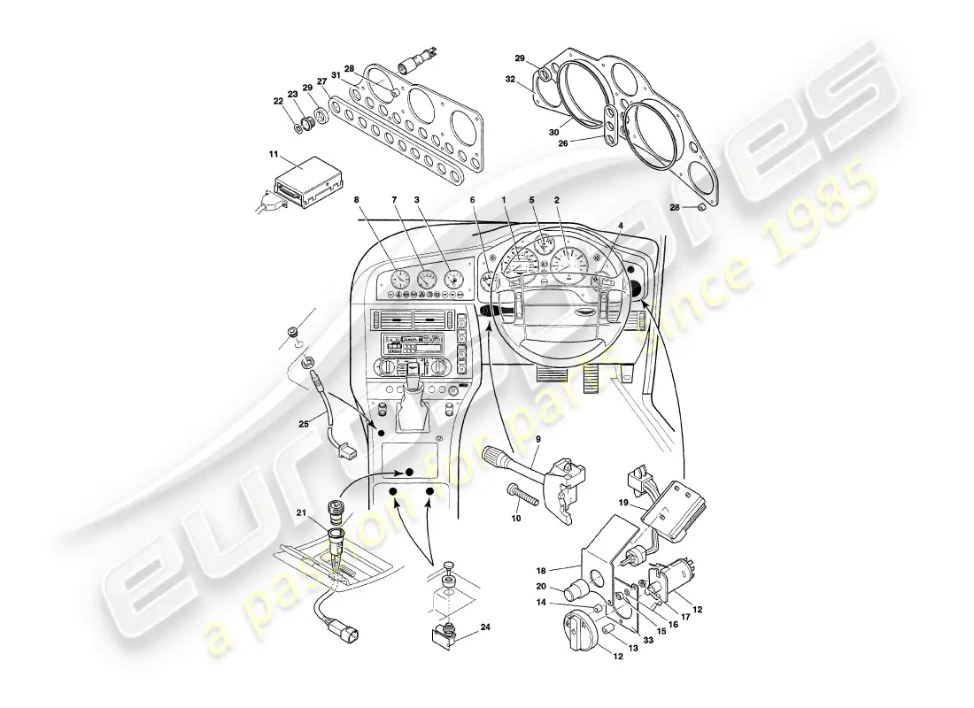 aston martin v8 coupe (2000) instruments & controls parts diagram