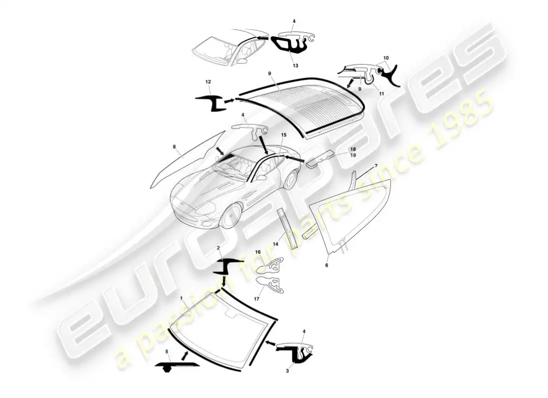 aston martin vanquish (2003) glass & finishers parts diagram