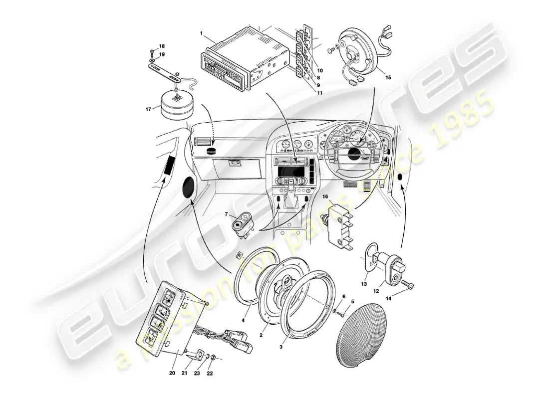 aston martin v8 coupe (2000) instruments & controls parts diagram