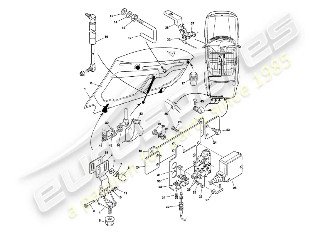 aston martin v8 volante (1998) trunk lid parts diagram
