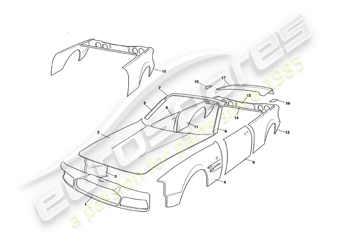 aston martin v8 volante (1998) body panels part diagram
