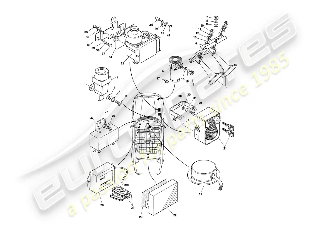 aston martin v8 volante (1998) underbonnet components, to vin 89026 parts diagram