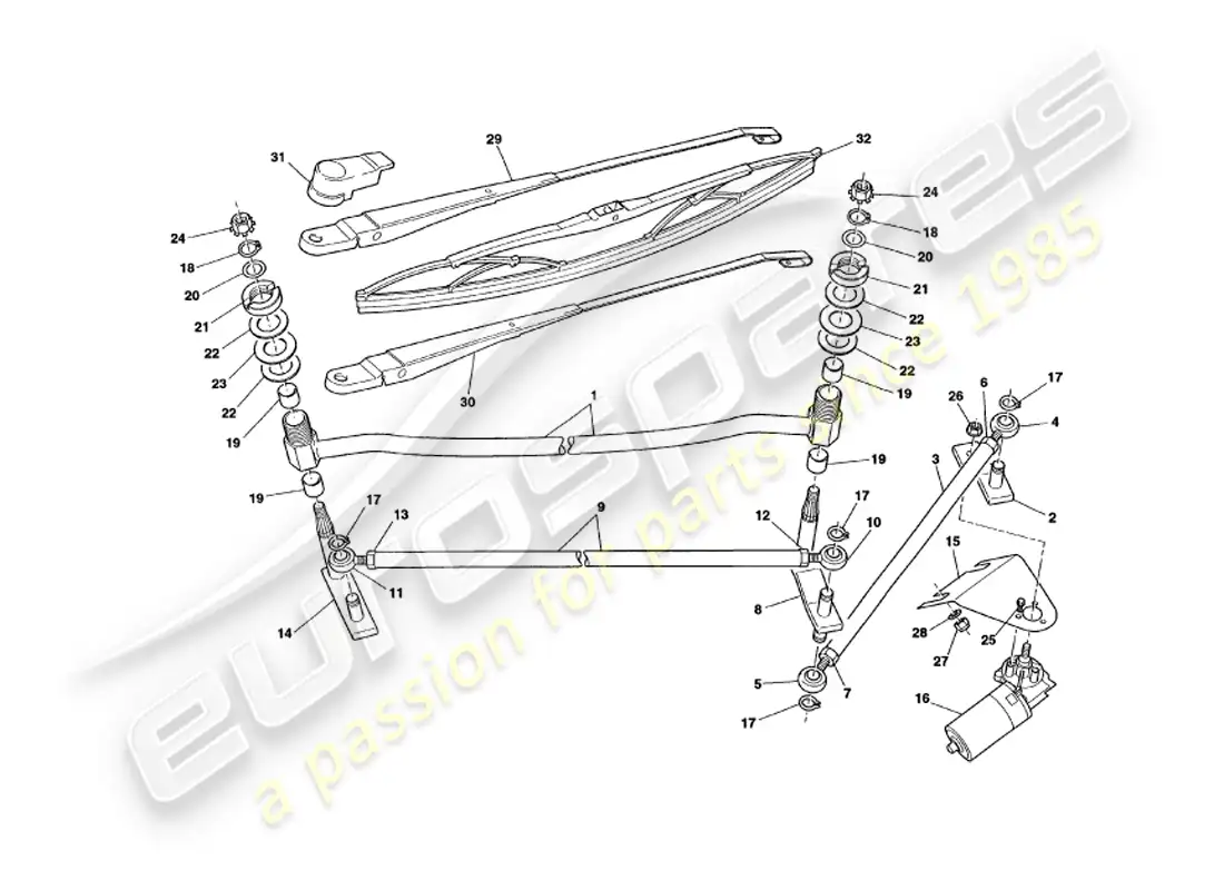 aston martin v8 volante (1998) windscreen wipers parts diagram