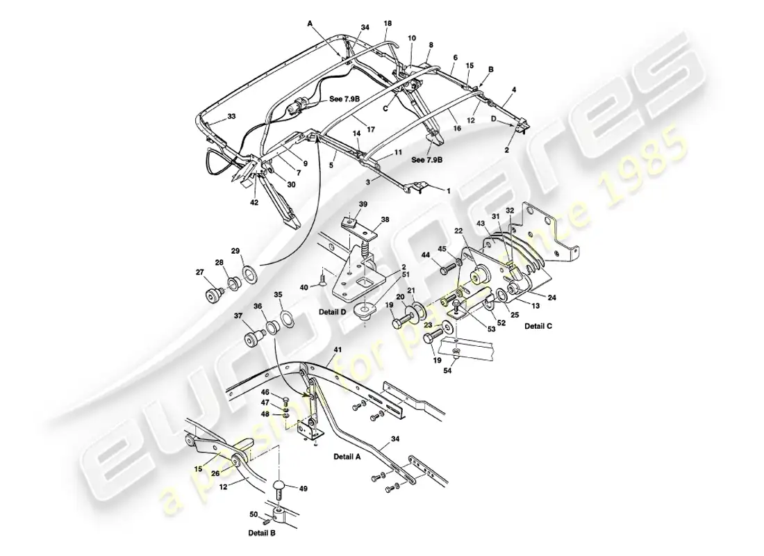 aston martin v8 volante (1997) hood frame assembly parts diagram