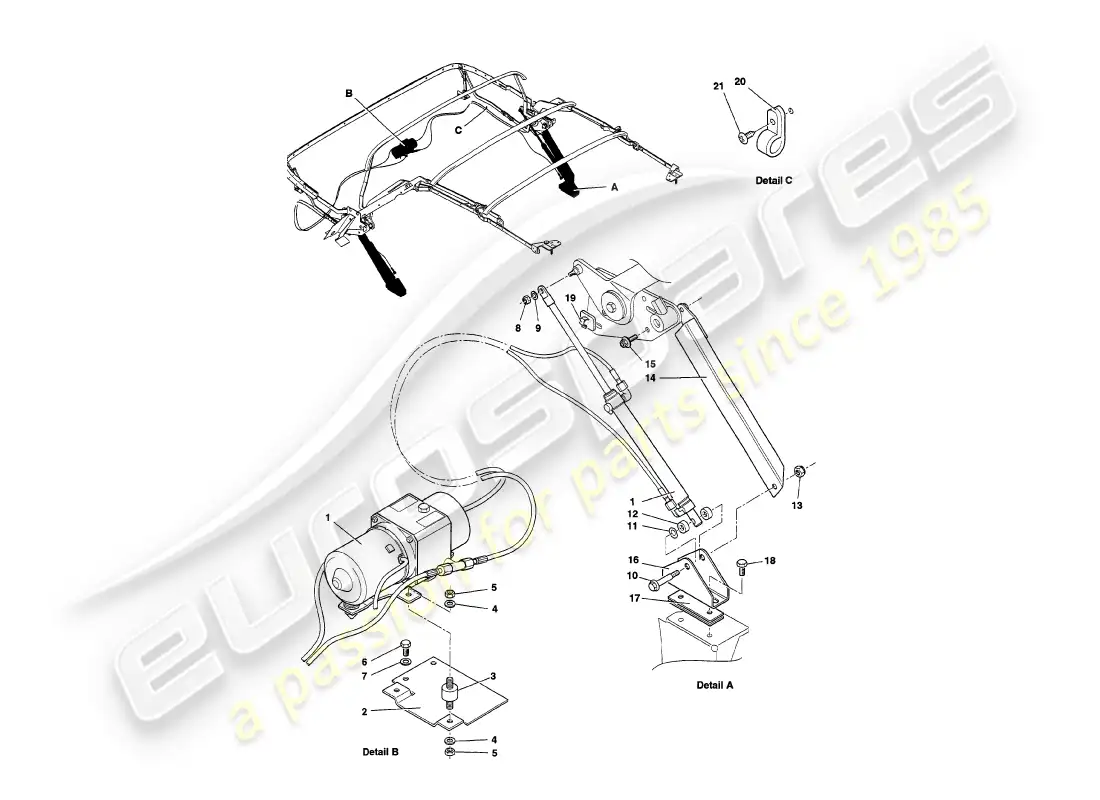 aston martin v8 volante (1997) hood hydraulics parts diagram
