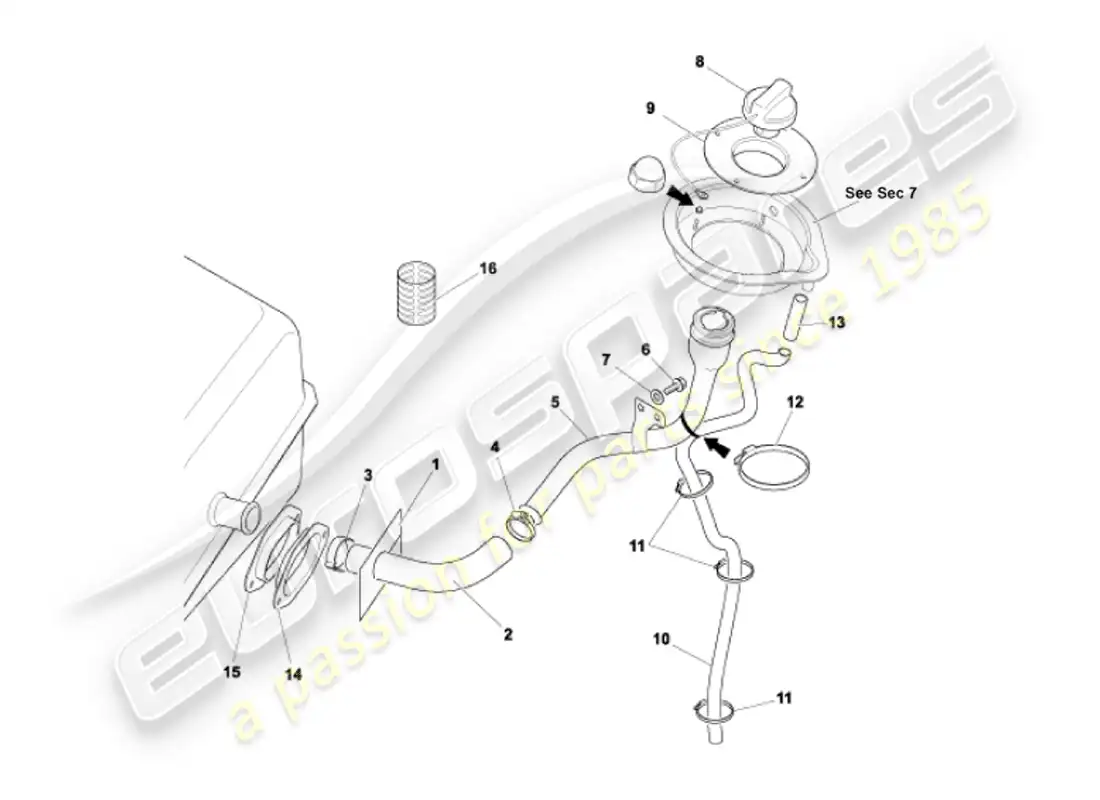 aston martin vanquish (2002) fuel filler pipe parts diagram
