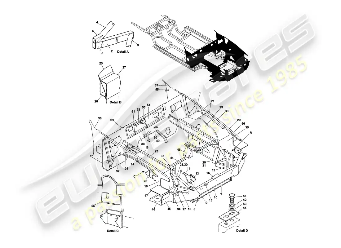 aston martin v8 volante (1998) front structure part diagram