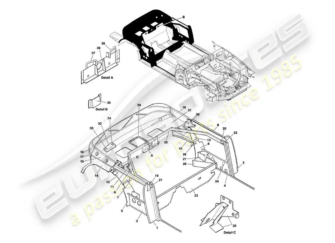 aston martin v8 volante (1998) rear structure part diagram