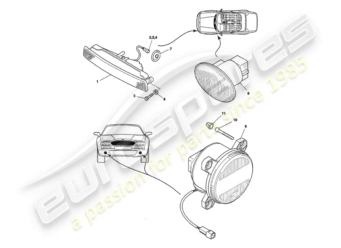 aston martin v8 volante (1998) exterior lamps parts diagram