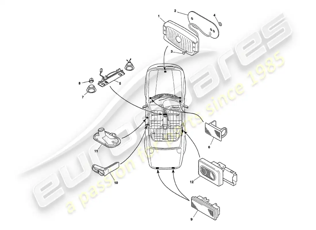 aston martin v8 volante (1998) interior lamps parts diagram