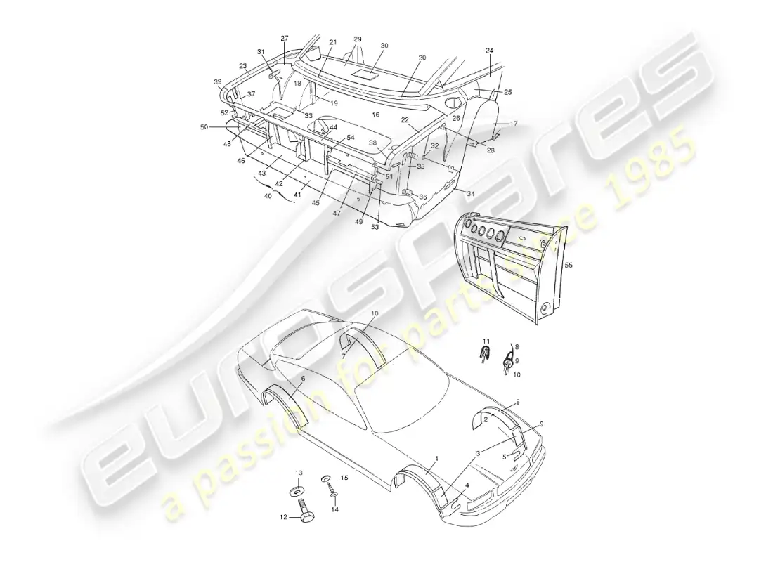 aston martin v8 virage (2000) chassis supertructure, rear parts diagram